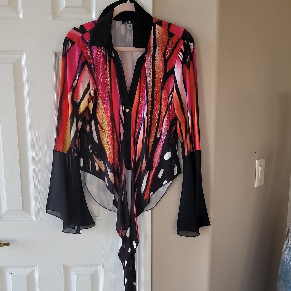 Women's Vibrant Black and Pink Blouse With Embellishments